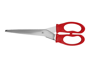 Red scissors over white background