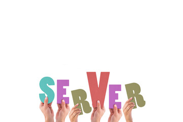 Colorful alphabet spelling server held up by people 