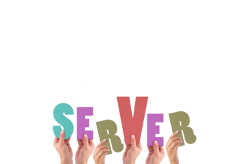 Colorful alphabet spelling server held up by people 