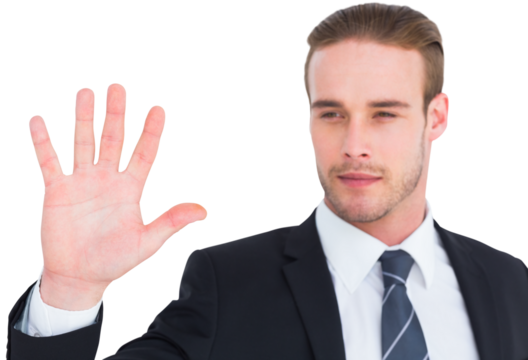 Cheerful businessman with hand raised