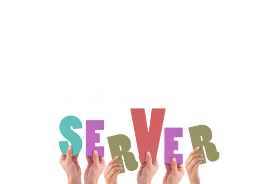 Colorful alphabet spelling server held up by people 