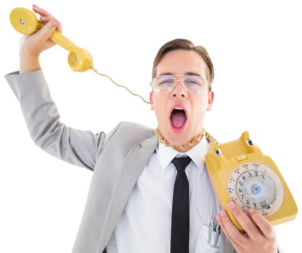 Geeky businessman being strangled by phone cord