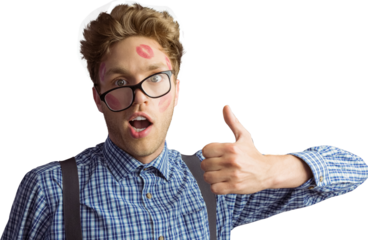 Geeky hipster covered in kisses