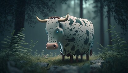 "Melancholic Cow: A 3D Animated Render of Solitude in the Forest". This stunning illustration captures the sadness of a lone cow in a surreal forest.