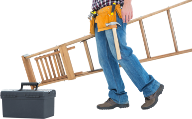 Low section of repairman carrying ladder