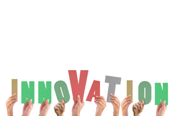 Colorful alphabet spelling innovation held up by people 