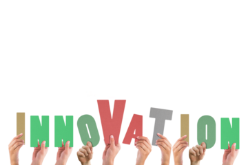 Colorful alphabet spelling innovation held up by people 