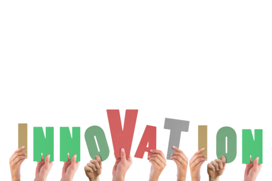 Colorful alphabet spelling innovation held up by people 