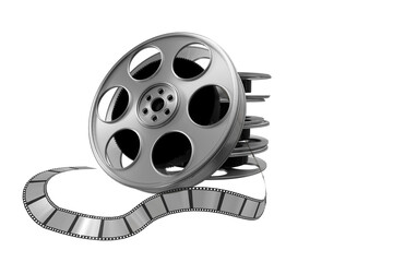 Film reels and camera film on white background