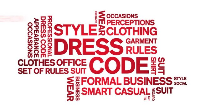 Dress Code animated tag word cloud;text design animation kinetic typography seamless loop.