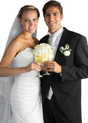 Newlywed couple posing holding champagne glasses against white background