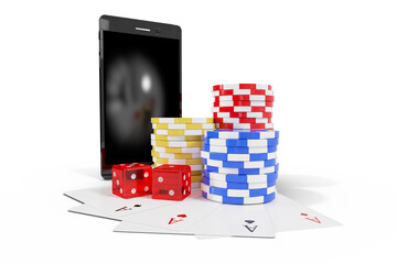 Fototapeta premium Mobile phone with stack of gambling chips and playing cards
