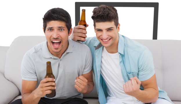 Football fans cheering holding beer