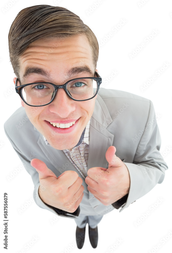 Poster geeky hipster smiling at camera with thumbs up