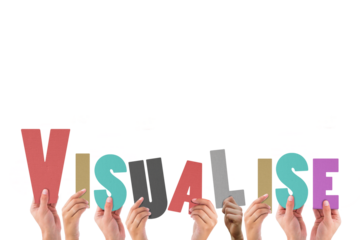 Cropped hands holding colorful alphabets forming visualise