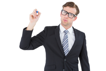 Geeky businessman writing with marker