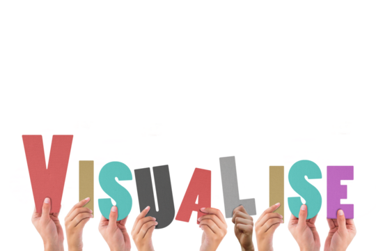 Cropped hands holding colorful alphabets forming visualise