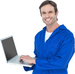 Handsome mechanic using laptop over white background