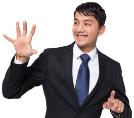 Smiling businessman holding and pointing