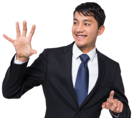 Smiling businessman holding and pointing