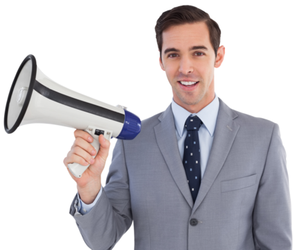 Smiling businessman holding a megaphone