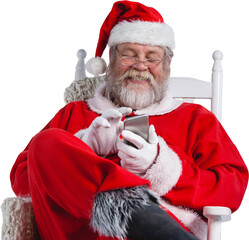 Happy Santa Claus messaging with mobile phone
