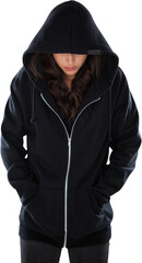 Female hacker in black hoodie