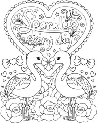 Sparkle everyday with flamingo cartoon, heart, and flower elements. Hand drawn with inspirational words. Doodles art for Valentine's day or Greeting cards. Coloring page for adults and kids.