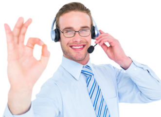 Businessman with headset making okay sign