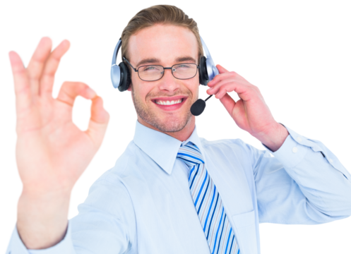 Businessman with headset making okay sign - Powered by Adobe