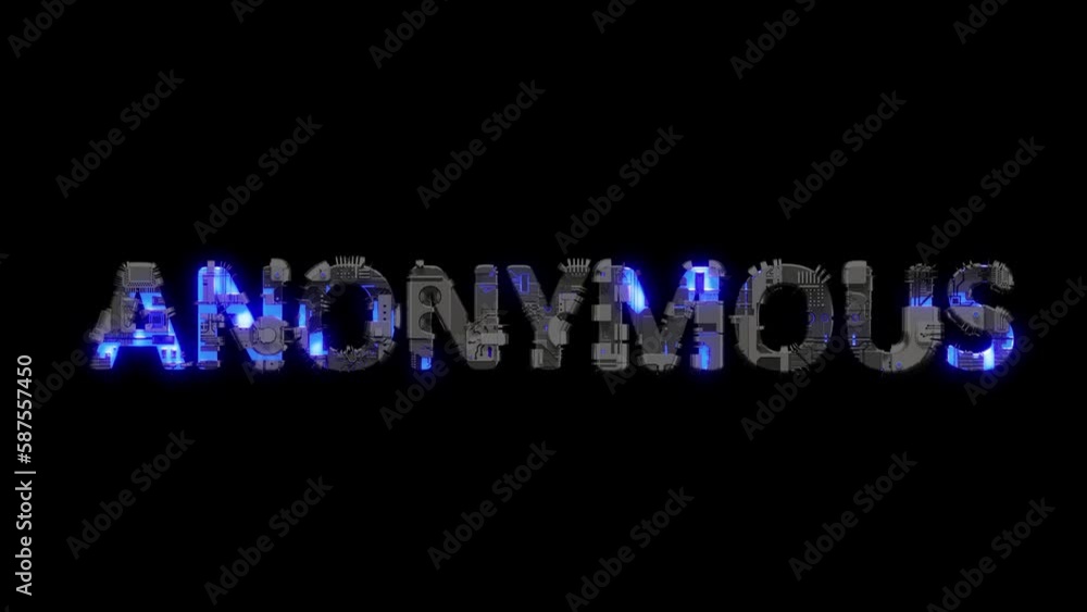 Poster scrap metal cyberpunk text anonymous with electrical light and animated surface, isolated - loop vid