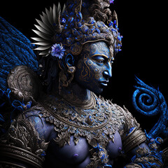 indonesian, ancient, goddess, artistic, muscular, aesthetic, blue, red, gold, brown, ornaments, aura, javanese, hindu, politheism, ai generative