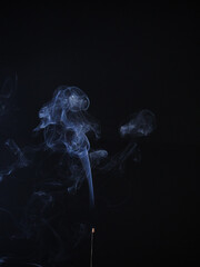 Fototapeta premium burning incense generating wisps of blue smoke on a black background