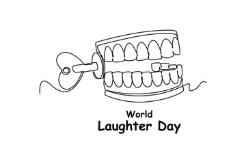 Continuous one-line drawing of laughing dental properties. World laughing day concept single line draws design graphic vector illustration