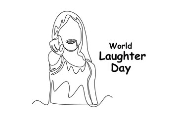 Continuous one-line drawing beautiful girl laughing while pointing. World laughing day concept single line draws design graphic vector illustration