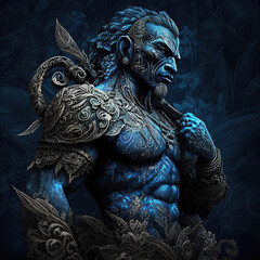 indonesian, ancient, goddess, artistic, muscular, aesthetic, blue, red, gold, brown, ornaments, aura, javanese, hindu, politheism, ai generative