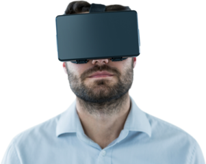 Man with beards using black oculus rift headset