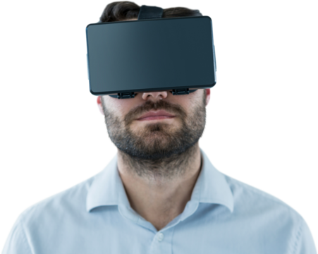 Man with beards using black oculus rift headset