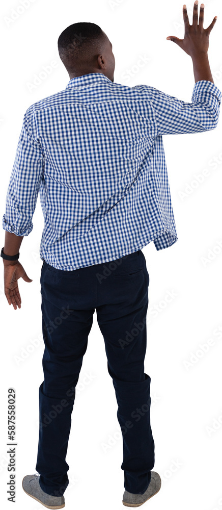 Poster man pretending to touch an invisible screen against white background