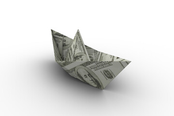 Dollar bill folded into shape of paper boat
