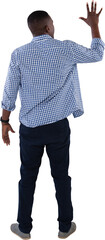 Man pretending to touch an invisible screen against white background