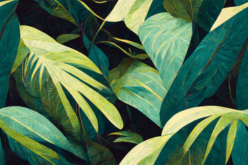 Seamless print of a tropical jungle foliage pattern, artistic repeating background, vibrant continuous textured wallpaper, generative ai