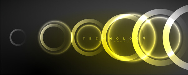 Neon glowing circles and round shape lines, magic energy space light concept, abstract background wallpaper design