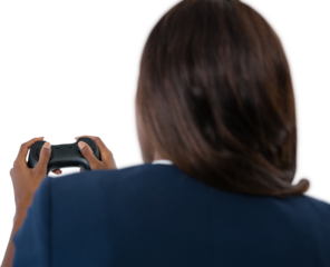 Rear view of businesswoman playing video game