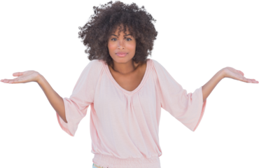 Pretty woman raising arms questioningly