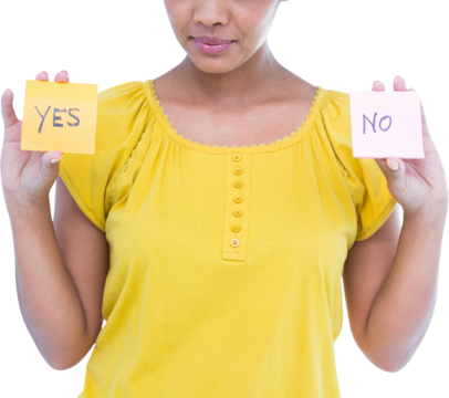 Midsection of woman holding yes no signs - Powered by Adobe