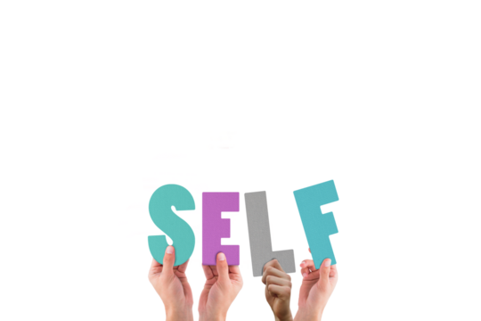 Cropped hands holding colorful alphabets forming self