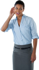 Businesswoman listening secretly with hands behind her ears