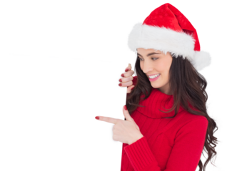 Beauty brunette in santa hat pointing white poster