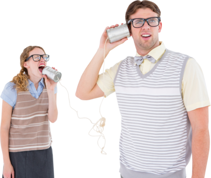 Geeky hipster couple speaking with tin can phone 
